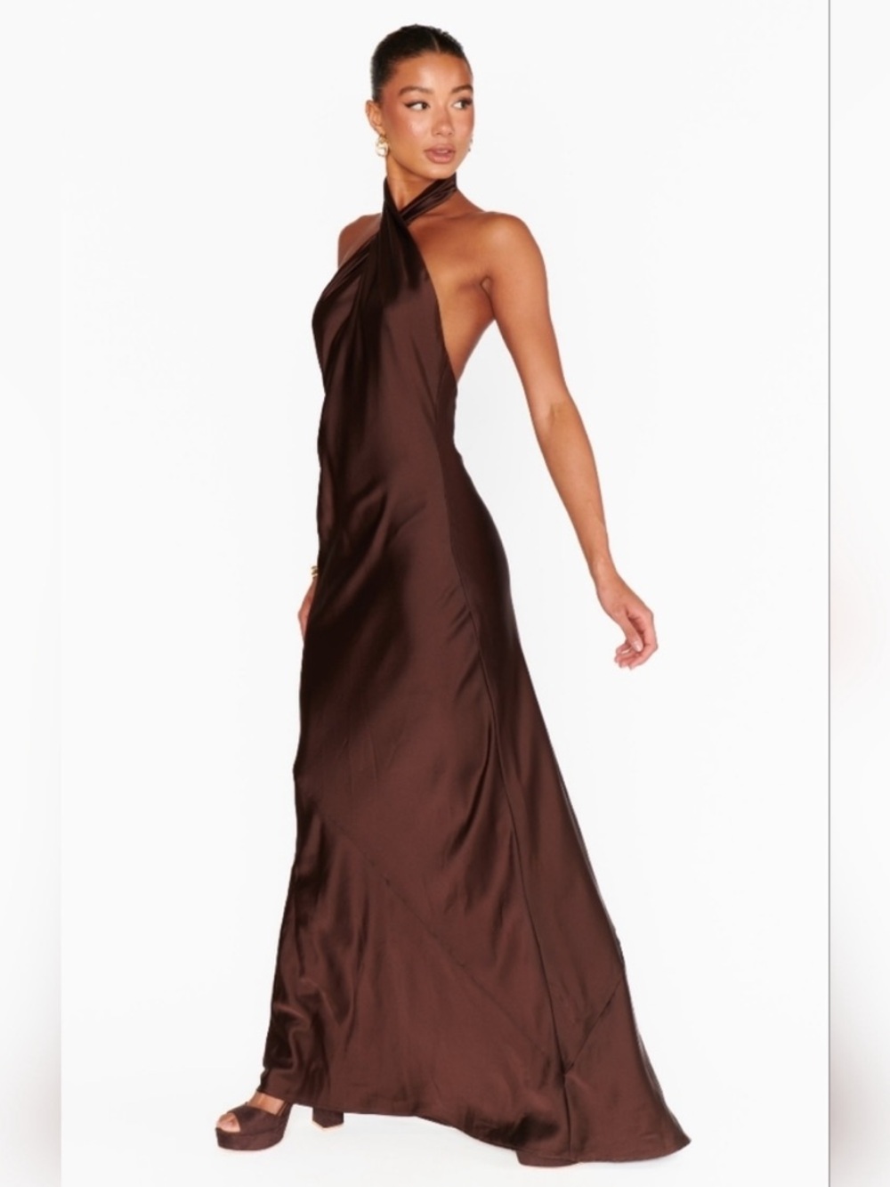 Show Me Your MuMu Chocolate Brown Backless Halter Satin Gown